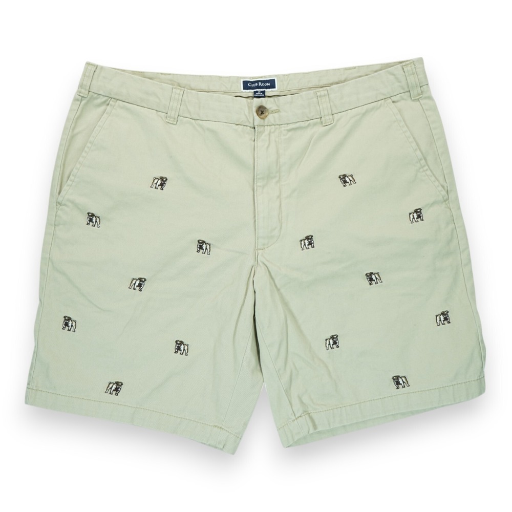 Club Room Shorts Mens 38 Tan 100%‎ Cotton Twill Embroider Bull Dog 9" Inseam